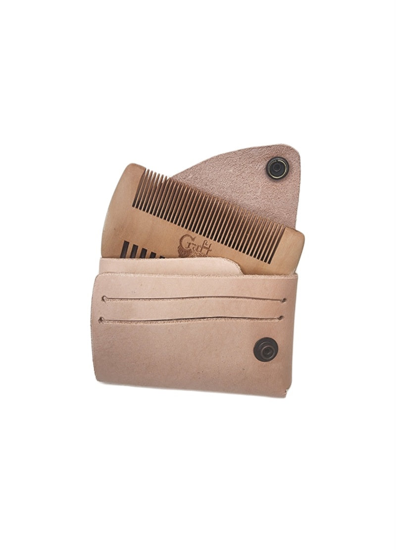 Leather card wallet with wood comb